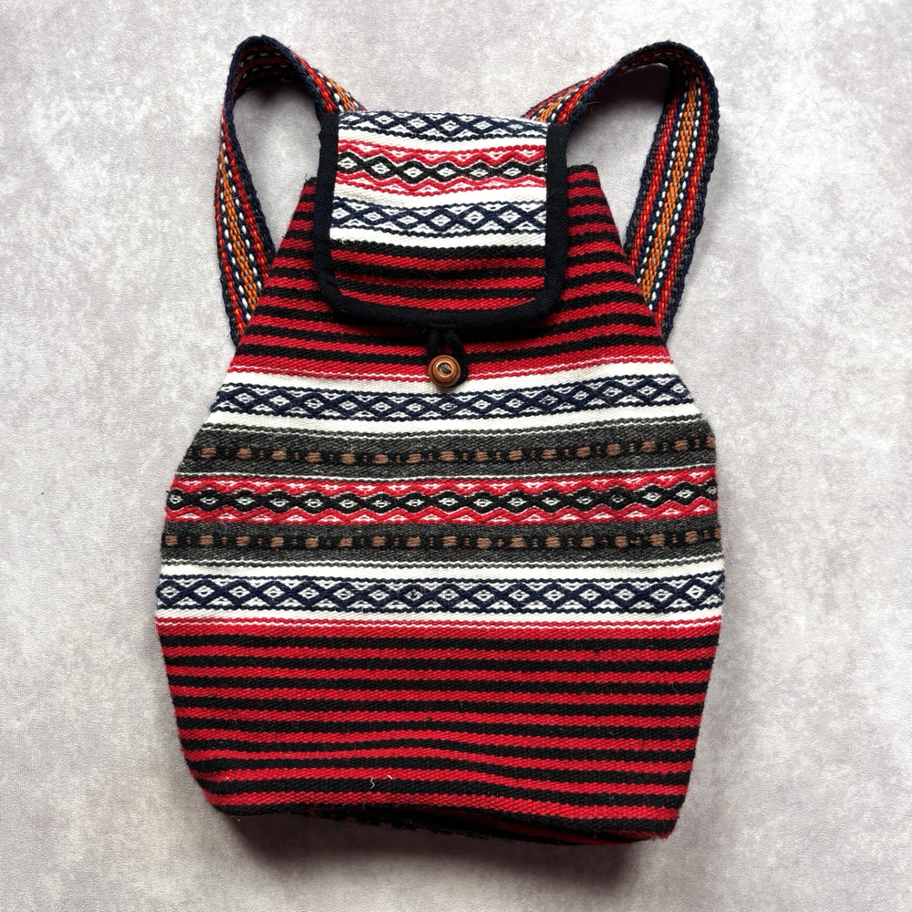 Vintage Ecuador Tejidos Folklor Otavaleño 100% Wool Handmade Woven Backpack Boho